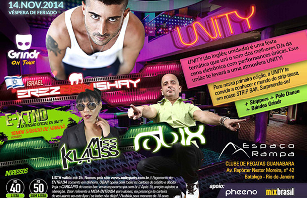  Festa UNITY estreia no Rio de Janeiro com DJ internacional, muita música, strippers e selo GRINDR on tour!