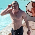 Chris Hemsworth shows a muscular and fit body by the pool in Sydney