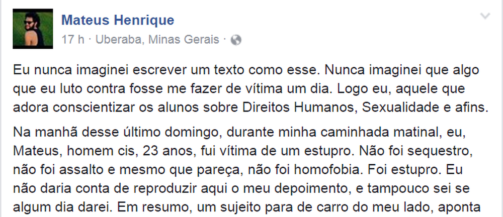 Rapaz de 23 anos é estuprado e faz desabafo em rede social