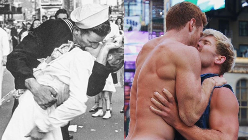  Casal gay recria foto icônica de beijo apaixonado que celebrou o fim da Segunda Guerra Mundial