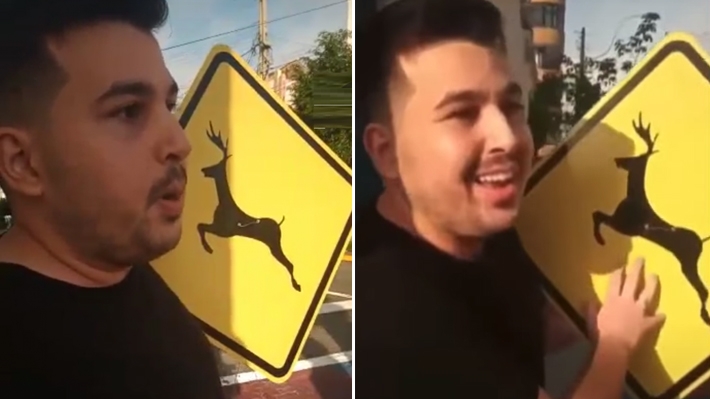  Rapaz é filmado tentando fixar placa de trânsito com desenho de veado em faixas coloridas de Sobral