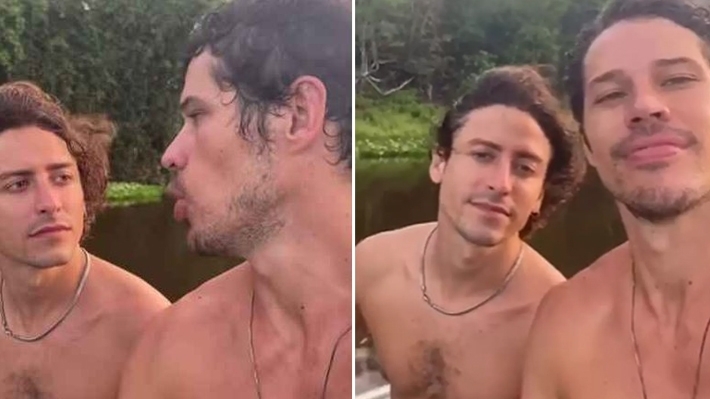  José Loreto e Jesuíta Barbosa posam pelados e abraçados em rio nos bastidores de “Pantanal”