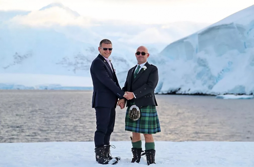  Em meio a icebergs e montanhas cobertas de neve, britânicos celebram 1º casamento gay em base na Antártica
