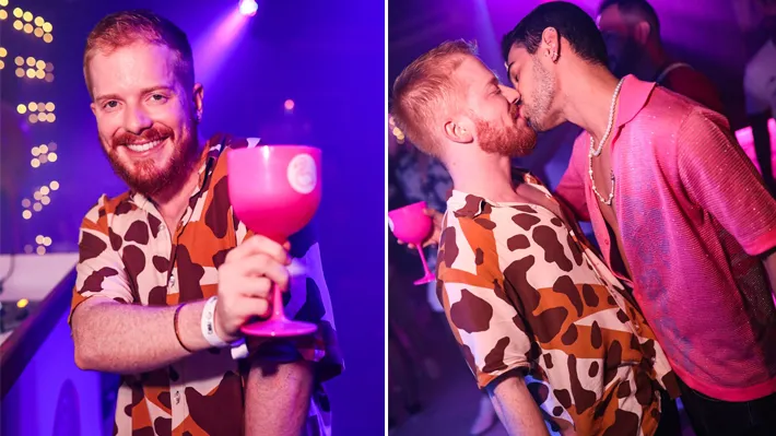 Manoel, da Casa de Vidro do “BBB23”, é visto em clima de romance com o marido no bar-balada carioca Pink Flamingo