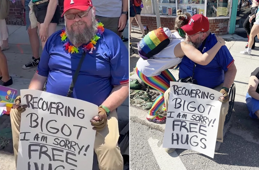  “Intolerante em recuperação” se desculpa de LGBTs com abraços gratuitos em Parada do Orgulho