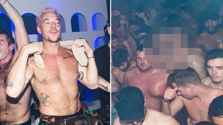  Diplo surge descamisado em fotos enquanto curte festa gay e detalhe em imagem chama atenção